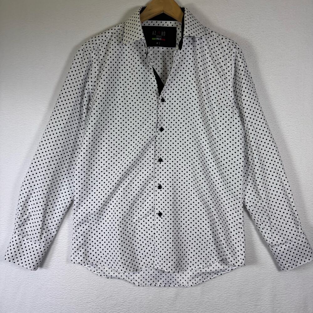 AZARO UOMO Italian Collection Button Up Shirt Mens Black Polkadot Preppy Medium